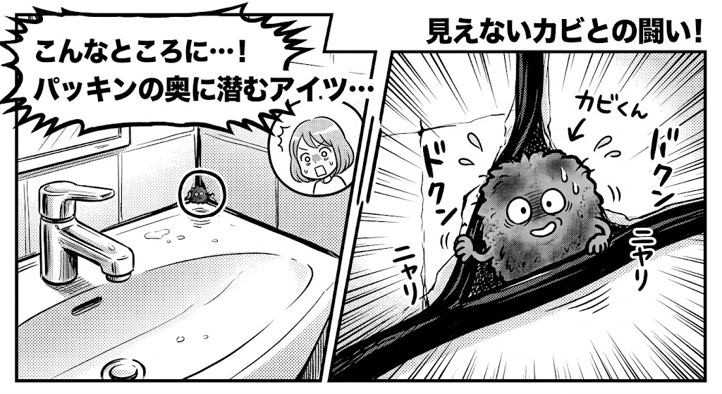 奇麗な水回りのパッキンの奥まで入り込んだカビの漫画風イラスト