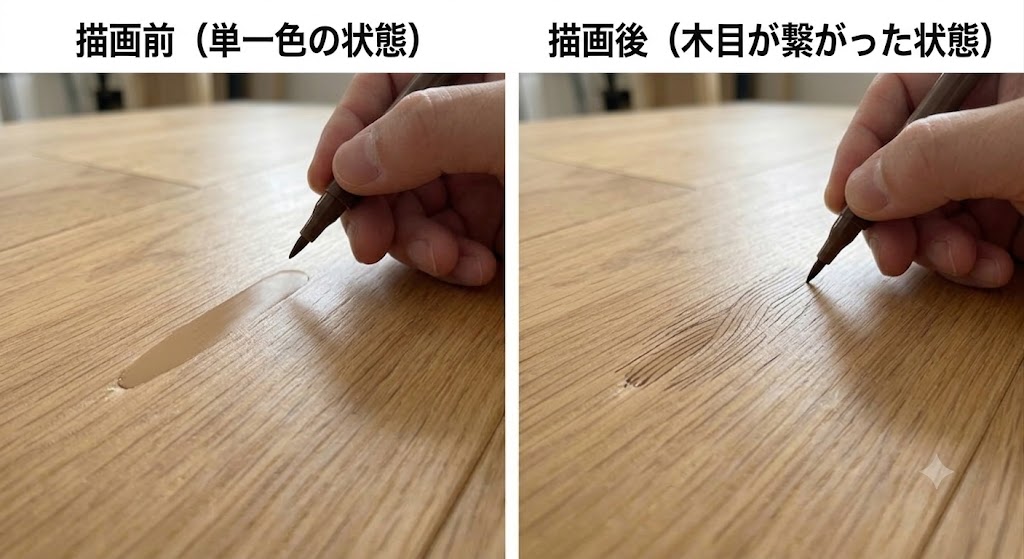 フローリング補修。木目: 描く前の単一色の状態と、描いた後の木目が繋がった状態を比較。ペンの持ち方や描き方も。