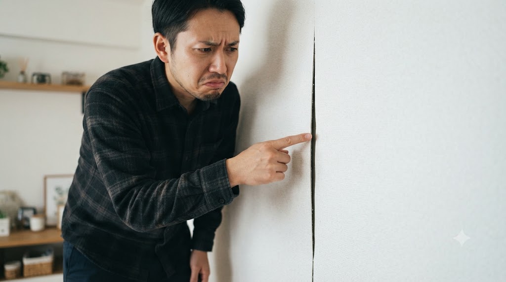 軽くジョイントが開いたクロスの継ぎ目にがっかりしている様子をリアルに伝えるアイキャッチ画像