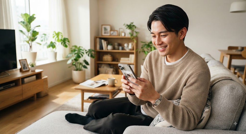 安心してスマホを操作している男性