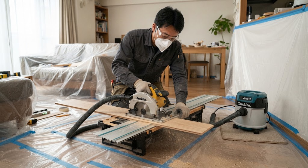 日本の住宅室内で行われる、集塵機と養生シートを使用した適切なフローリング材の丸のこカット作業