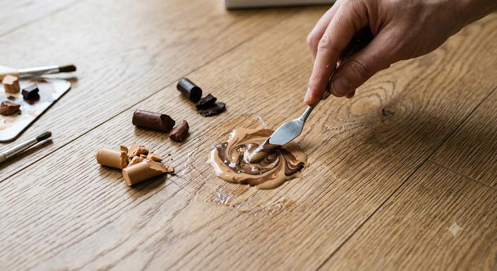 木目に合わせて数色のクレヨン(ベースの明るい茶色+濃い茶色)を少量ずつ並べて混ぜ合わせている作業画像