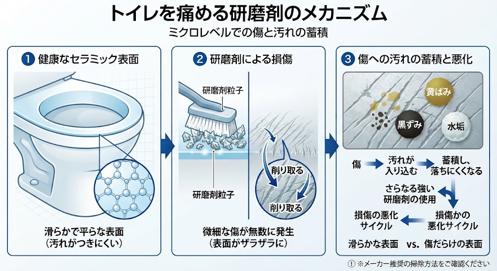 トイレを痛める研磨剤のメカニズムの図
