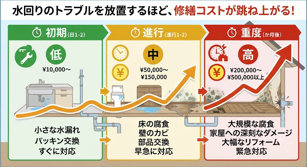 水回りのトラブルを放置するほど修繕コストが跳ね上がる典型的な図