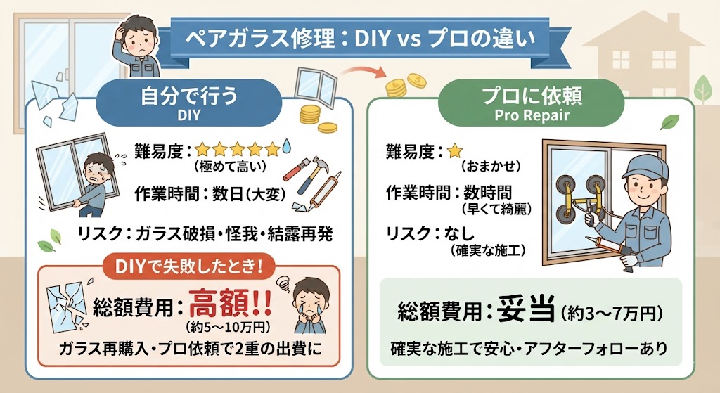 ペアガラス修理のDIYとプロの施工の違いを比較するイメージ