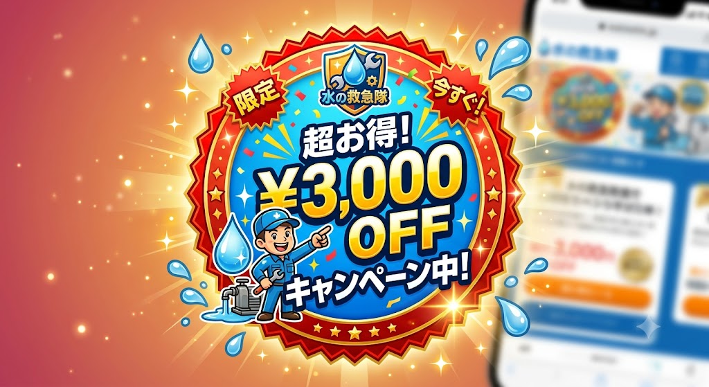 水の救急隊の「お得なキャンペーンアイコン(¥3,000 OFFと目立つ装飾)」