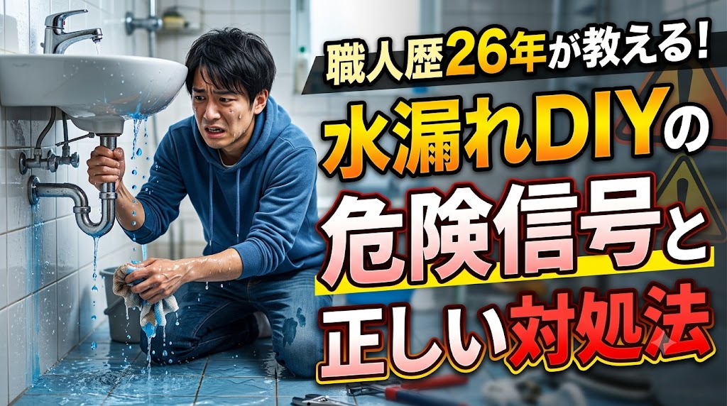「困惑している人物」+「職人歴26年が教える!水漏れDIYの危険信号と正しい対処法」の文字が入った画像