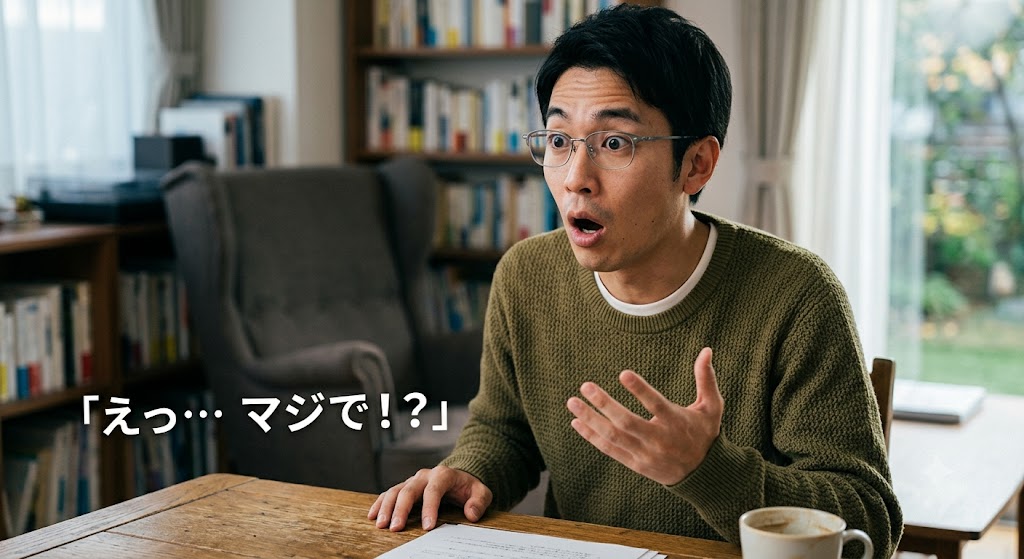 意外な事実と驚きの表情で言っている男性