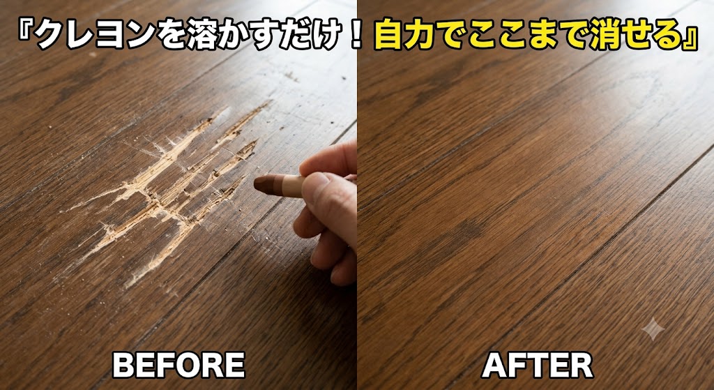 「えぐれた傷のある床」と「補修後の平らな床」を左右で比べたビフォーアフター写真