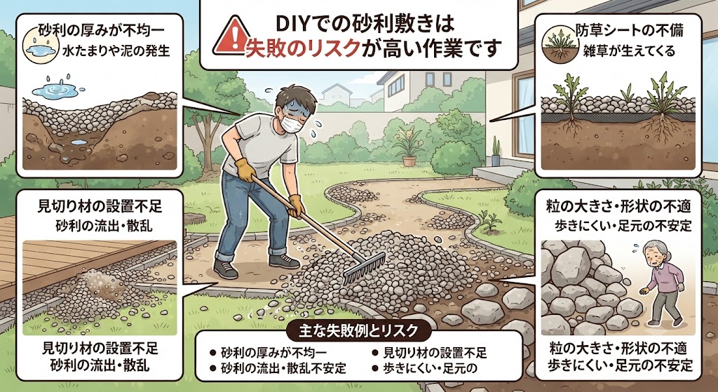 DIYでの砂利敷きは失敗のリスクが高い作業のイメージ図