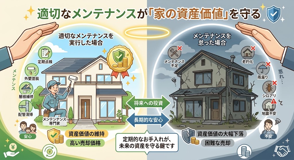適切なメンテナンスが「家の資産価値」を守るイメージ