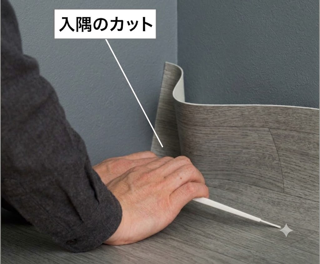 クッションフロアの入隅の施工シーン