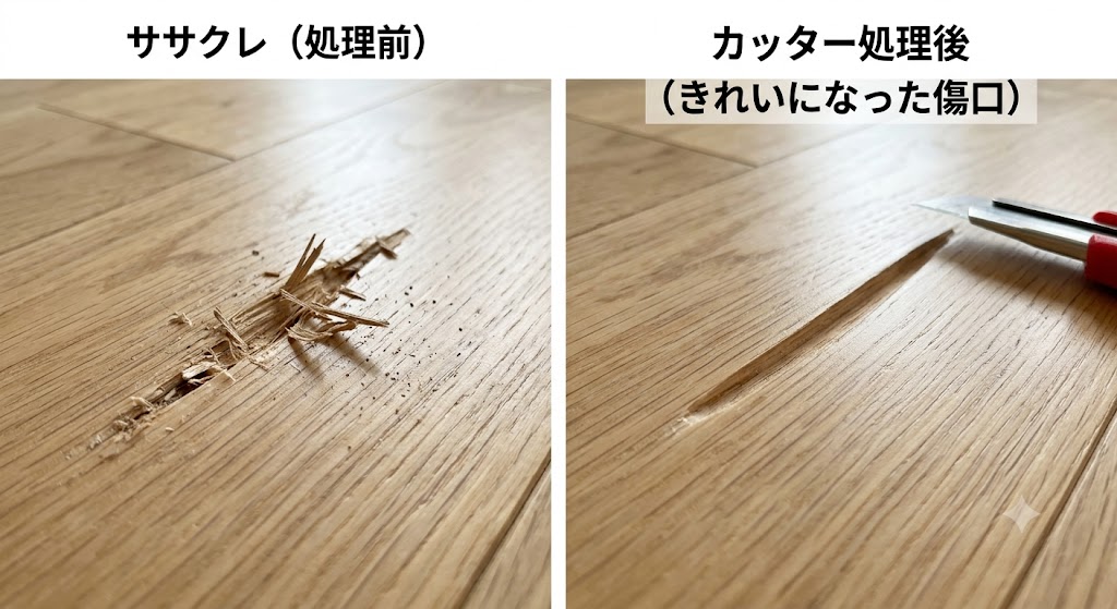 フローリングのササクレが残っている状態と、カッターで取り除いた後のきれいな状態の比較画像