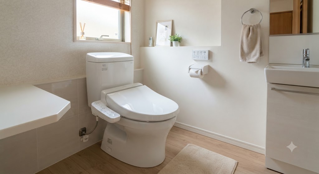 日本の現代的な明るく清潔な住宅のトイレでピカピカに清掃された洋式便器に設置された温水洗浄便座の美しい全景