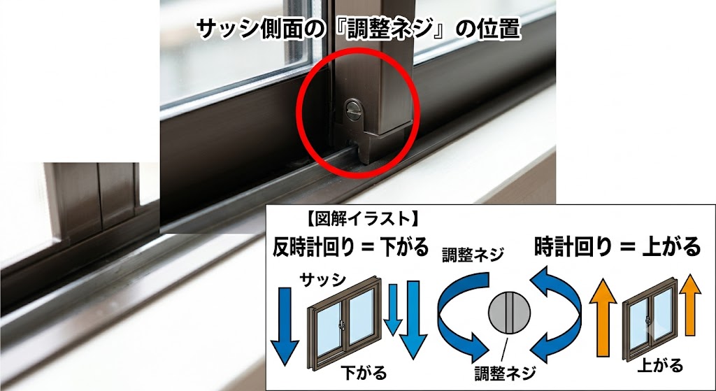 サッシ側面の「調整ネジ」の位置を赤丸で囲んだズーム写真