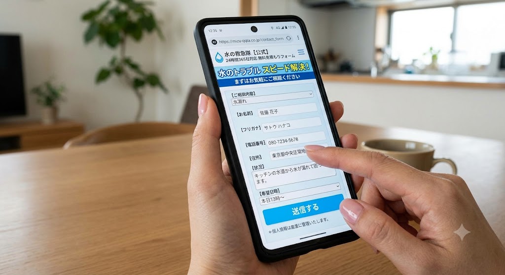 スマホで水の救急隊の無料見積もりフォームを入力している実際の画面キャプチャ風イメージ
