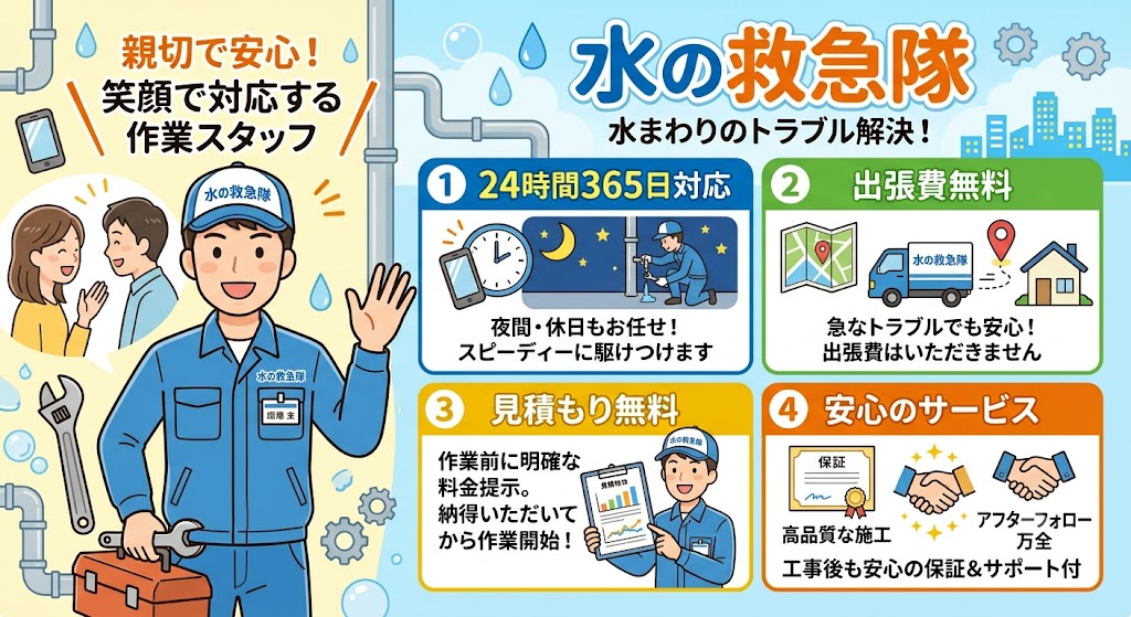 「水の救急隊」のサービス特徴をまとめたインフォグラフィックと「笑顔で親切に対応する作業スタッフ」のイラスト