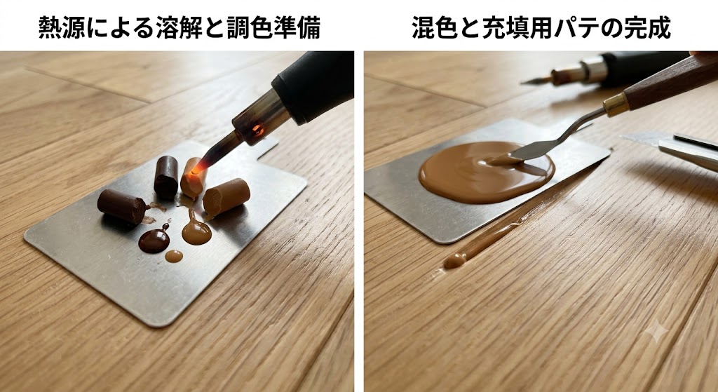 フローリング補修。溶かす・調色: クレヨンを溶かす道具(ホットナイフやスプーン)と、色が混ざっていく様子。