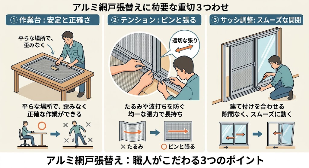 網戸の張替えなぜ職人は「作業台」「テンション」「サッシ調整」にこだわるのか?の単純なイメージ図