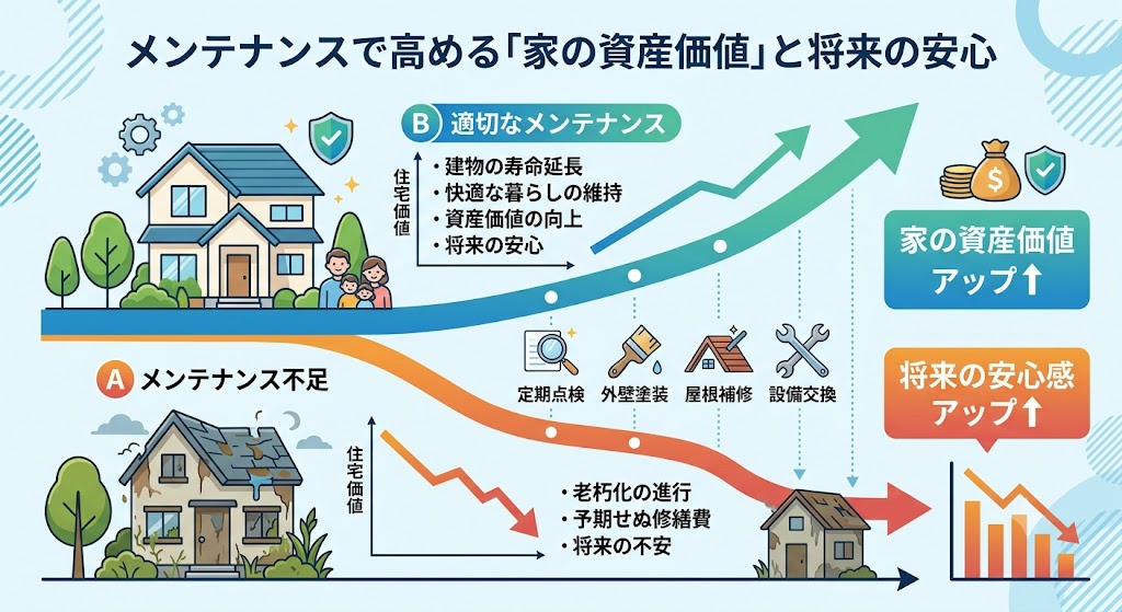 メンテナンスが「家の資産価値」と将来の安心を底上げする簡単なイメージ図