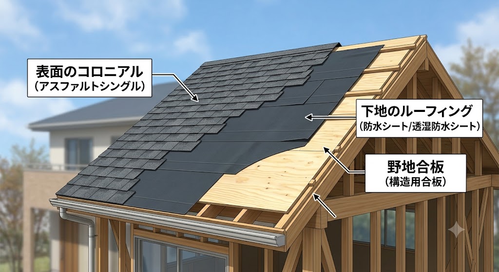屋根の構造(表面のコロニアル ➔ 下地のルーフィング ➔ 野地合板)3D図解・概念図