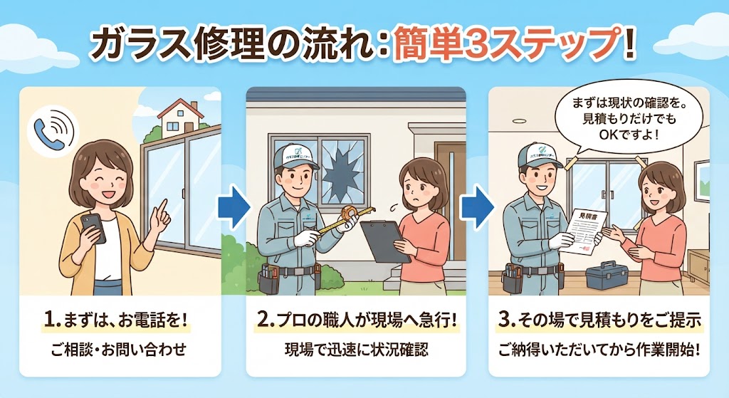 ガラス修理の依頼から施工完了までの流れ3ステップ