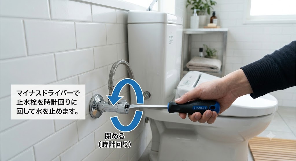 マイナスドライバーで止水栓を時計回りに回している写真