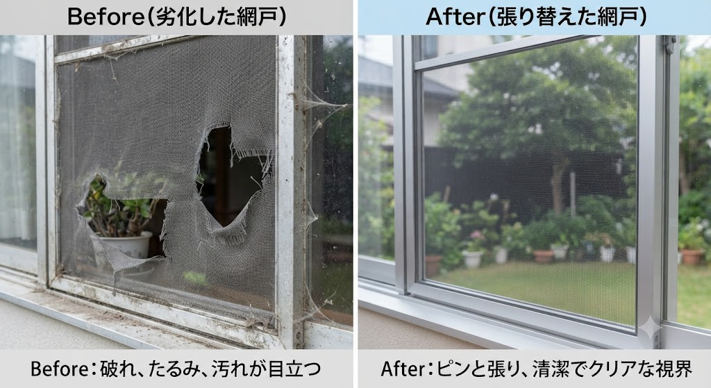 劣化した網戸と張り替えた網戸のビフォーアフター