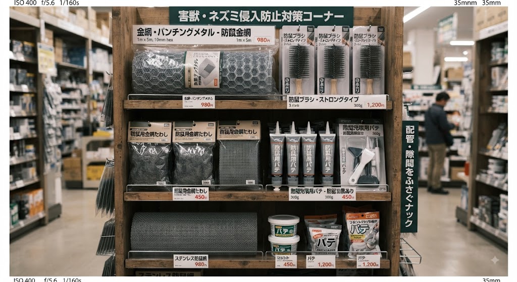 ホームセンターの害獣侵入防止対策コーナー