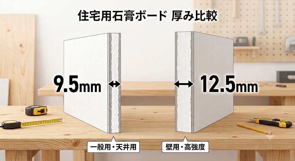 石膏ボードの天井用と壁用の比較イラスト