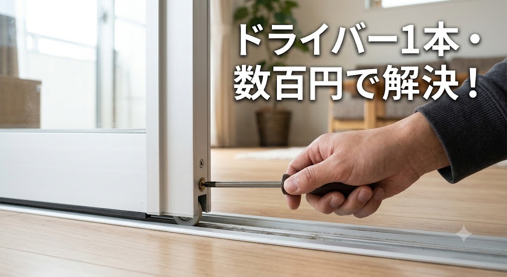 「引き戸の戸車調整をするためドライバーを持っている手の写真」