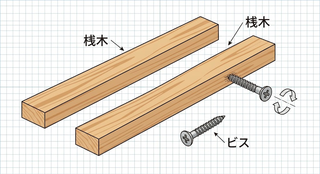 桟木2本とビスのイラスト