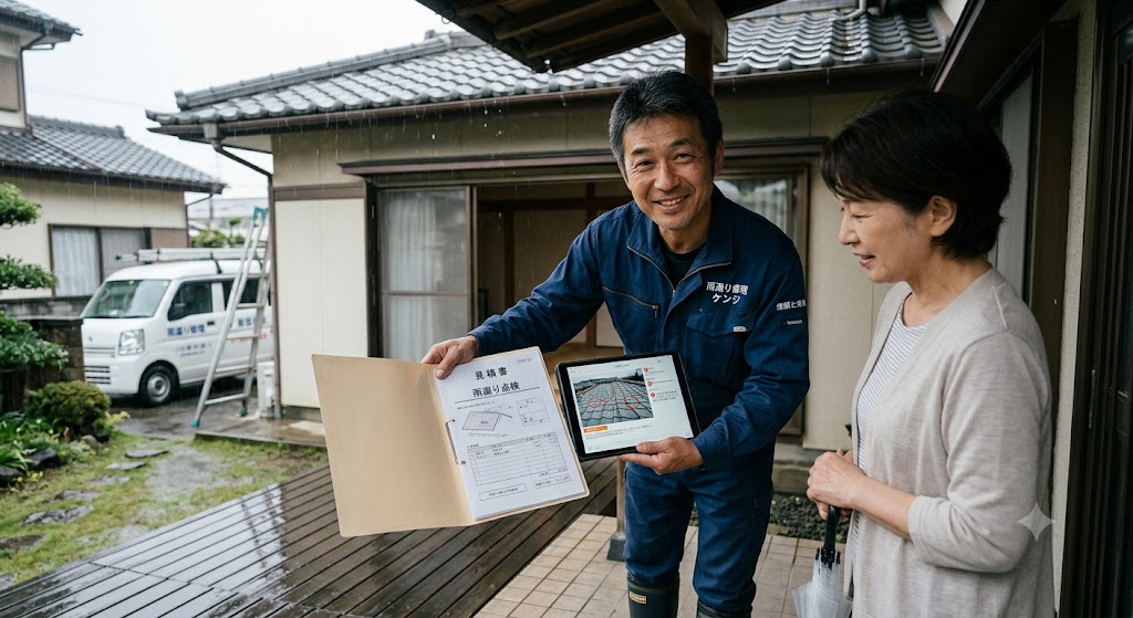 職人がスマホや資料を手に笑顔で案内している