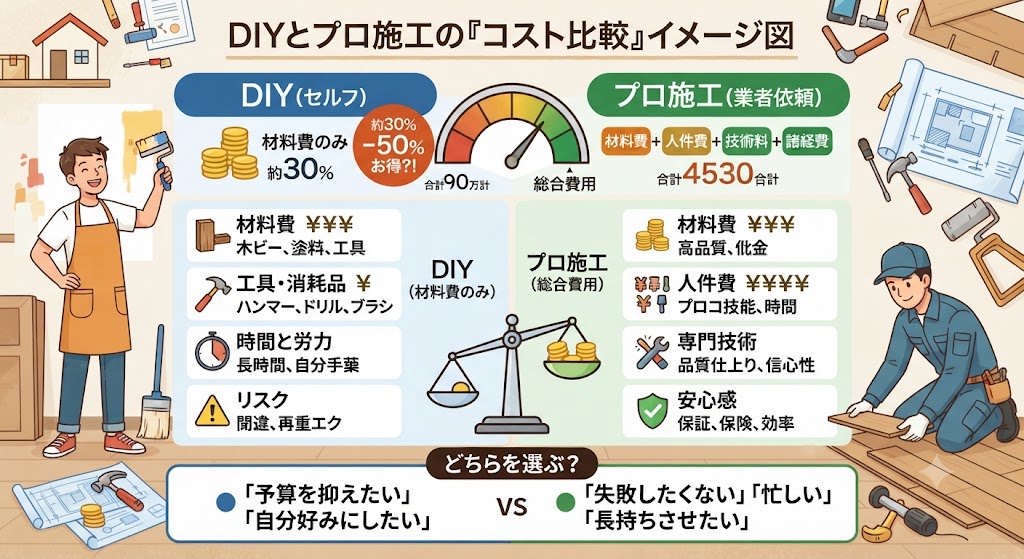 DIYとプロ施工の「コスト比較」のイメージ図