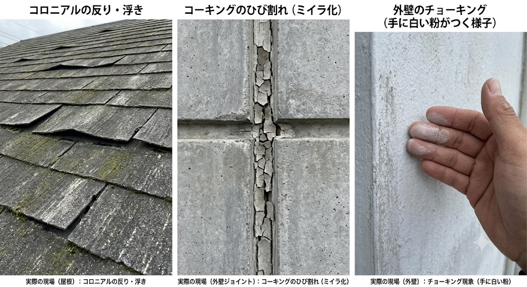 「コロニアルの反り・浮き」「コーキングのひび割れ(ミイラ化)」「外壁のチョーキング(手に白い粉がつく様子)」の3点比較写真