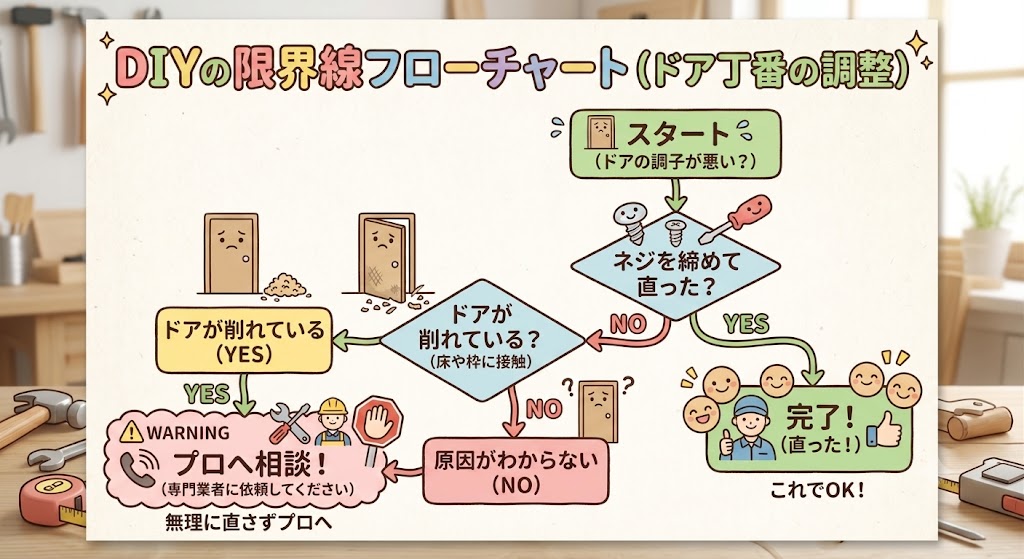 ドアの丁番の調整で「ネジを締めて直った? → YES:完了! / NO:ドアが削れてる? → プロへ相談!」の図