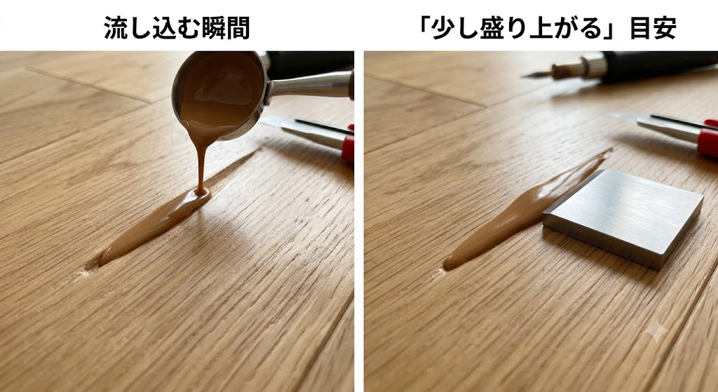 フローリング補修。埋める: 「少し盛り上がるくらい」の具体的な目安。流し込む瞬間の写真。
