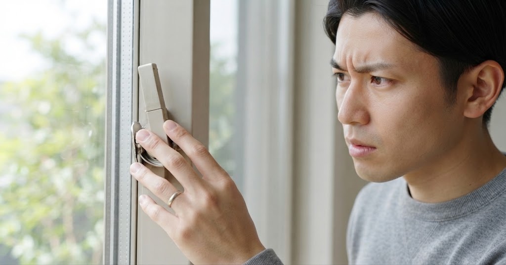 窓のグラつく鍵(クレセント)に悩みドライバーを持つ日本人男性の様子