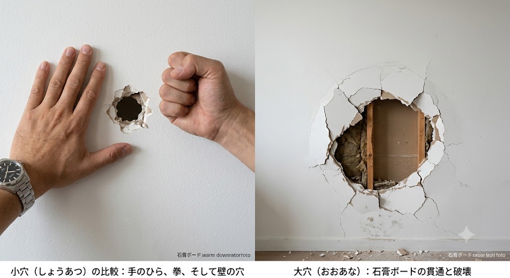 石膏ボードに開いた穴の小さいものと大きいもの