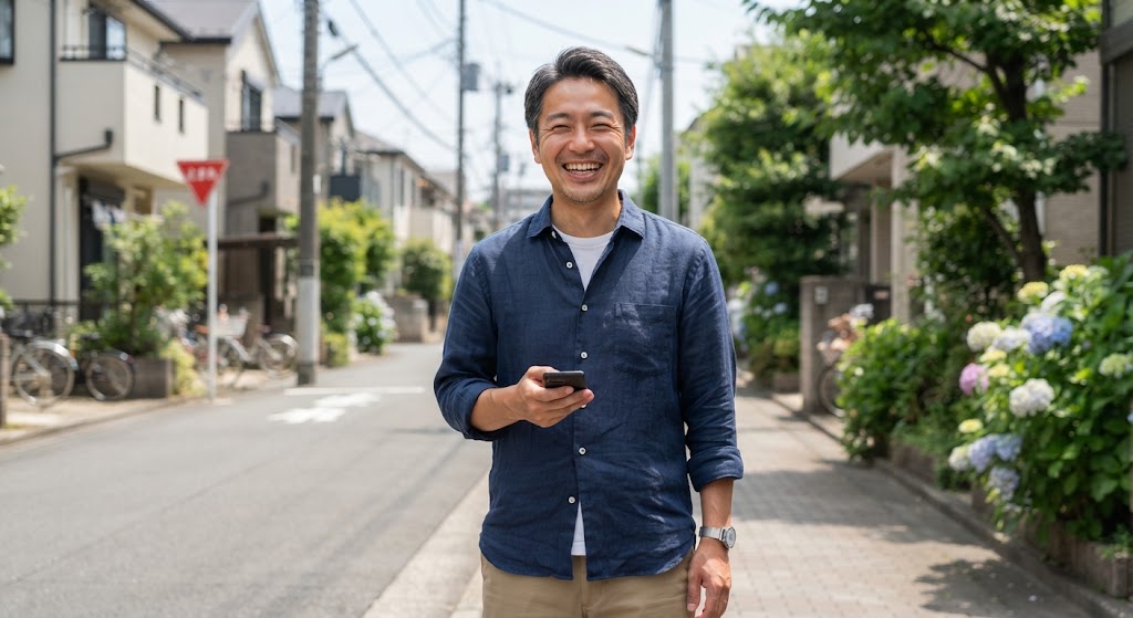悩みから解放されて晴れやかな笑顔を見せる日本の男性